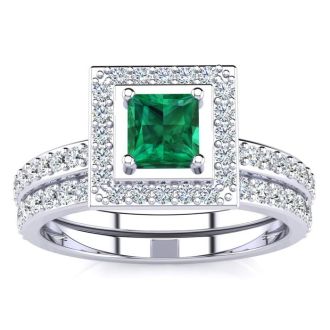 1ct Princess Cut Emerald and Diamond Bridal Set in 14k White Gold
