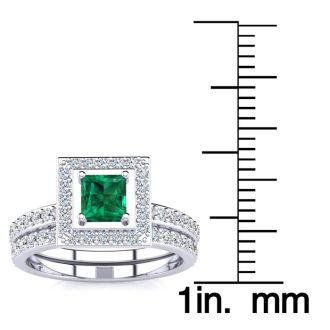 1ct Princess Cut Emerald and Diamond Bridal Set in 14k White Gold
