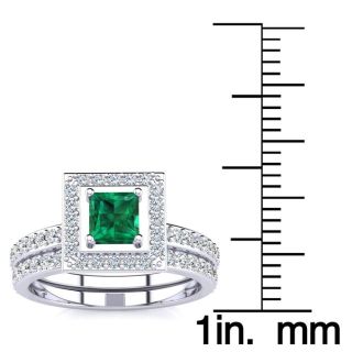1ct Princess Cut Emerald and Diamond Bridal Set in 14k White Gold
