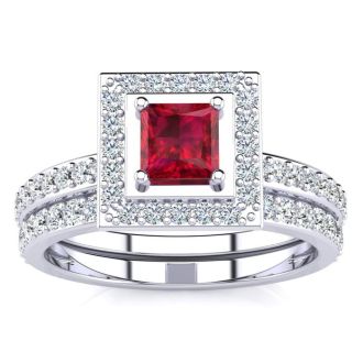 1ct Princess Cut Ruby and Diamond Bridal Set in 14k White Gold
