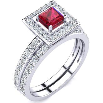 1ct Princess Cut Ruby and Diamond Bridal Set in 14k White Gold
