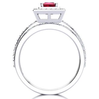 1ct Princess Cut Ruby and Diamond Bridal Set in 14k White Gold
