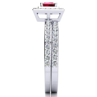 1ct Princess Cut Ruby and Diamond Bridal Set in 14k White Gold

