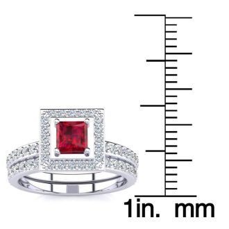 1ct Princess Cut Ruby and Diamond Bridal Set in 14k White Gold
