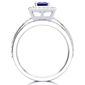 1ct Princess Cut Sapphire and Diamond Bridal Set in 14k White Gold
