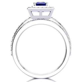 1ct Princess Cut Sapphire and Diamond Bridal Set in 14k White Gold
