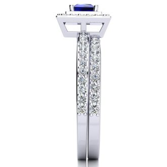 1ct Princess Cut Sapphire and Diamond Bridal Set in 14k White Gold
