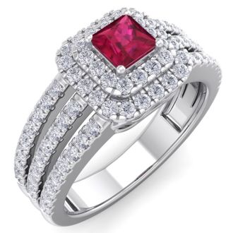 1 Carat Princess Shape Double Halo Ruby and Diamond Engagement Ring In 14 Karat White Gold