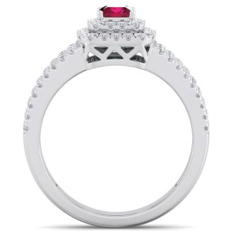 1 Carat Princess Shape Double Halo Ruby and Diamond Engagement Ring In 14 Karat White Gold