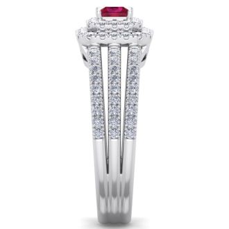 1 Carat Princess Shape Double Halo Ruby and Diamond Engagement Ring In 14 Karat White Gold