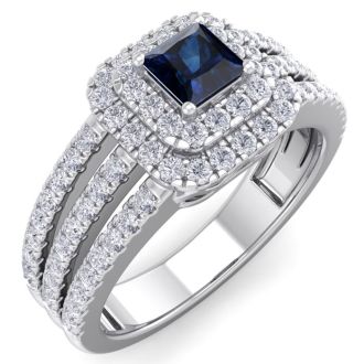 1 Carat Princess Shape Double Halo Sapphire and Diamond Engagement Ring In 14 Karat White Gold
