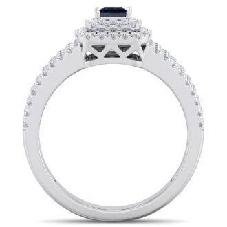 1 Carat Princess Shape Double Halo Sapphire and Diamond Engagement Ring In 14 Karat White Gold