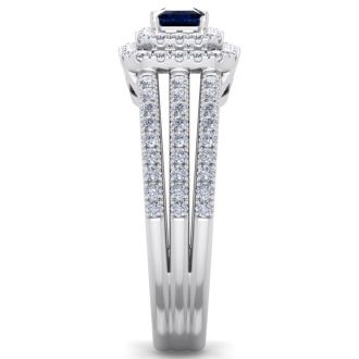1 Carat Princess Shape Double Halo Sapphire and Diamond Engagement Ring In 14 Karat White Gold