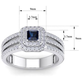 1 Carat Princess Shape Double Halo Sapphire and Diamond Engagement Ring In 14 Karat White Gold