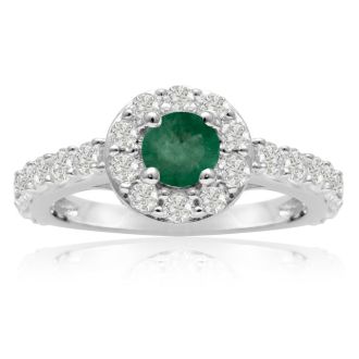 1 1/2 Carat Halo Diamond and Emerald Engagement Ring in 14 Karat White Gold
