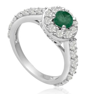 1 1/2 Carat Halo Diamond and Emerald Engagement Ring in 14 Karat White Gold
