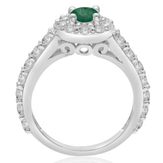 1 1/2 Carat Halo Diamond and Emerald Engagement Ring in 14 Karat White Gold

