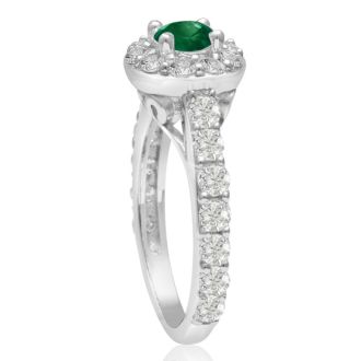 1 1/2 Carat Halo Diamond and Emerald Engagement Ring in 14 Karat White Gold
