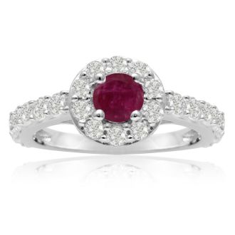 1 1/2 Carat Halo Diamond and Ruby Engagement Ring in 14 Karat White Gold

