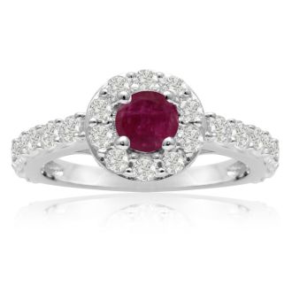 1 1/2 Carat Halo Diamond and Ruby Engagement Ring in 14 Karat White Gold
