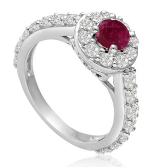 1 1/2 Carat Halo Diamond and Ruby Engagement Ring in 14 Karat White Gold

