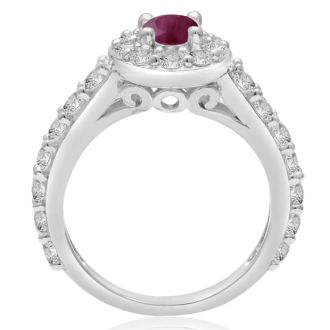1 1/2 Carat Halo Diamond and Ruby Engagement Ring in 14 Karat White Gold
