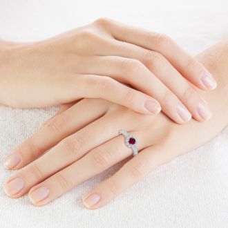 1 1/2 Carat Halo Diamond and Ruby Engagement Ring in 14 Karat White Gold
