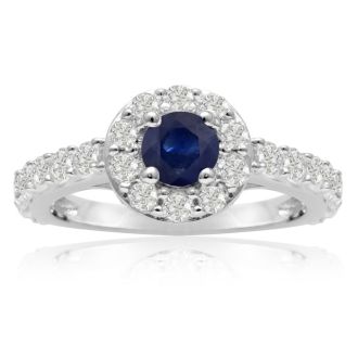1 1/2 Carat Halo Diamond and Sapphire Engagement Ring in 14 Karat White Gold
