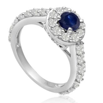 1 1/2 Carat Halo Diamond and Sapphire Engagement Ring in 14 Karat White Gold
