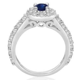 1 1/2 Carat Halo Diamond and Sapphire Engagement Ring in 14 Karat White Gold

