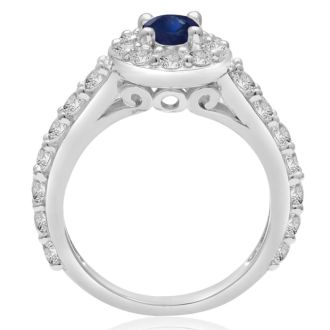 1 1/2 Carat Halo Diamond and Sapphire Engagement Ring in 14 Karat White Gold
