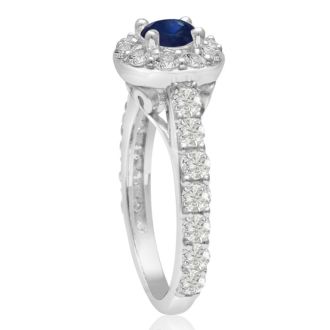 1 1/2 Carat Halo Diamond and Sapphire Engagement Ring in 14 Karat White Gold
