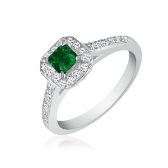 Hansa 2/3 Carat Emerald and Diamond Princess Engagement Ring in 14k White Gold
