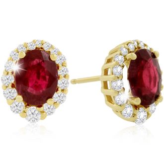 3.20 Carat Fine Quality Ruby And Diamond Earrings In 14K Yellow Gold
