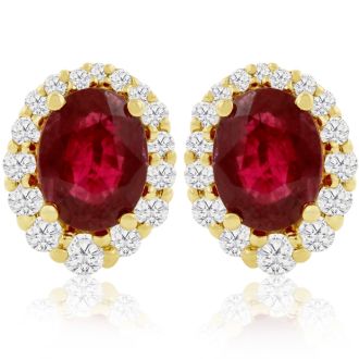 3.20 Carat Fine Quality Ruby And Diamond Earrings In 14K Yellow Gold