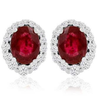 3.20 Carat Fine Quality Ruby And Diamond Earrings In 14K White Gold
