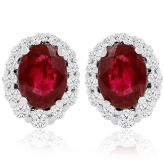 3.20 Carat Fine Quality Ruby And Diamond Earrings In 14K White Gold