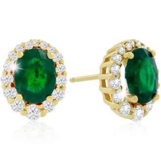3.20 Carat Fine Quality Emerald And Diamond Earrings In 14K Yellow Gold