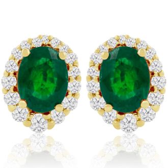 3.20 Carat Fine Quality Emerald And Diamond Earrings In 14K Yellow Gold