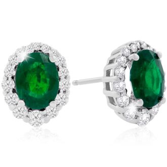 3.20 Carat Fine Quality Emerald And Diamond Earrings In 14K White Gold