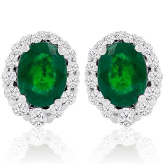 3.20 Carat Fine Quality Emerald And Diamond Earrings In 14K White Gold