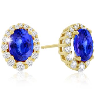 3.00 Carat Fine Quality Tanzanite And Diamond Earrings In 14K Yellow Gold