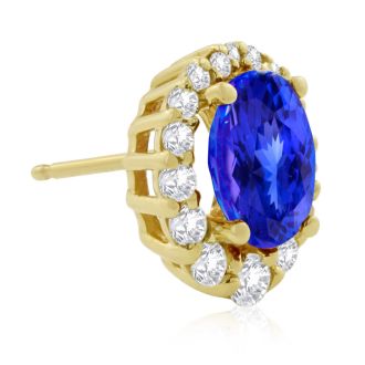 3.00 Carat Fine Quality Tanzanite And Diamond Earrings In 14K Yellow Gold