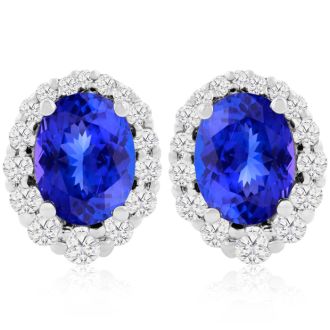 3.00 Carat Fine Quality Tanzanite And Diamond Earrings In 14K White Gold
