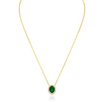 2-9/10 Carat Oval Shape Emerald Necklaces With Diamond Halo In 14 Karat Yellow Gold, 18 Inch Chain