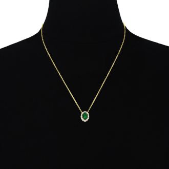 2-9/10 Carat Oval Shape Emerald Necklaces With Diamond Halo In 14 Karat Yellow Gold, 18 Inch Chain