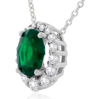 2-9/10 Carat Oval Shape Emerald Necklaces With Diamond Halo In 14 Karat White Gold, 18 Inch Chain
