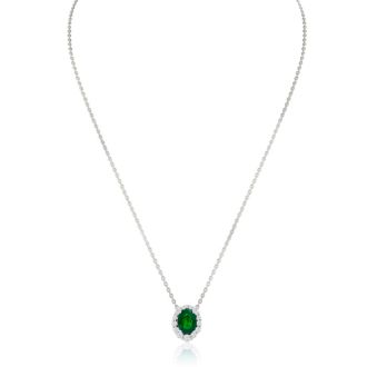 2-9/10 Carat Oval Shape Emerald Necklaces With Diamond Halo In 14 Karat White Gold, 18 Inch Chain