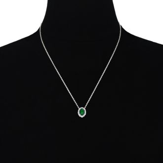 2-9/10 Carat Oval Shape Emerald Necklaces With Diamond Halo In 14 Karat White Gold, 18 Inch Chain