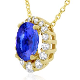 2.90 Carat Fine Quality Tanzanite And Diamond Necklace In 14K Yellow Gold